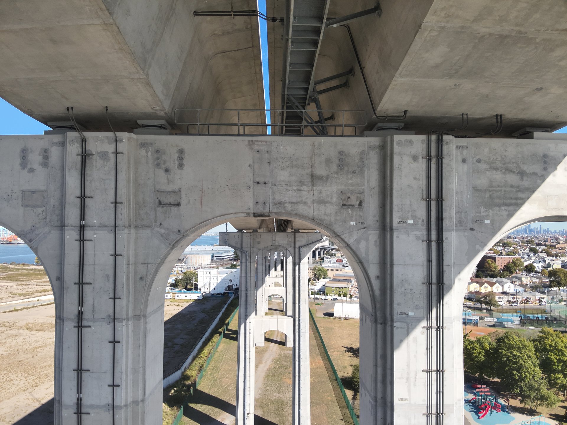 Drone view of Bayonne Bridge support columns and elevated deck